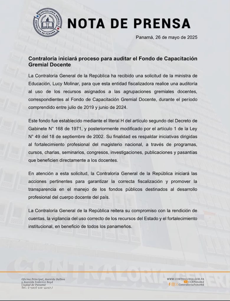 Contraloría auditará fondos de capacitación docente tras solicitud del Meduca