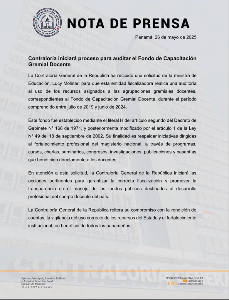 Contraloría auditará fondos de capacitación docente tras solicitud del Meduca