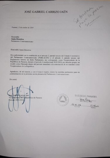 El exvicepresidente José Gabriel Carrizo solicita ser juramentado en el Parlacen