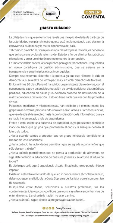 Conep cuestiona la falta de autoridad del Gobierno para poner fin a la crisis