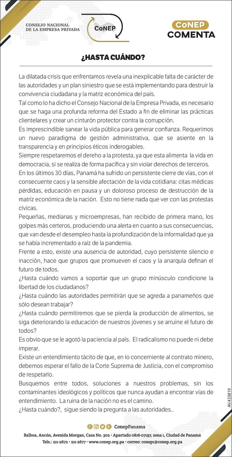 Conep cuestiona la falta de autoridad del Gobierno para poner fin a la crisis