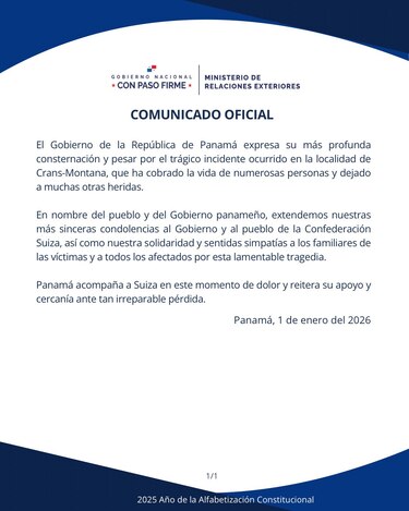 Gobierno panameño se solidariza con Suiza tras incendio mortal en un bar en los Alpes