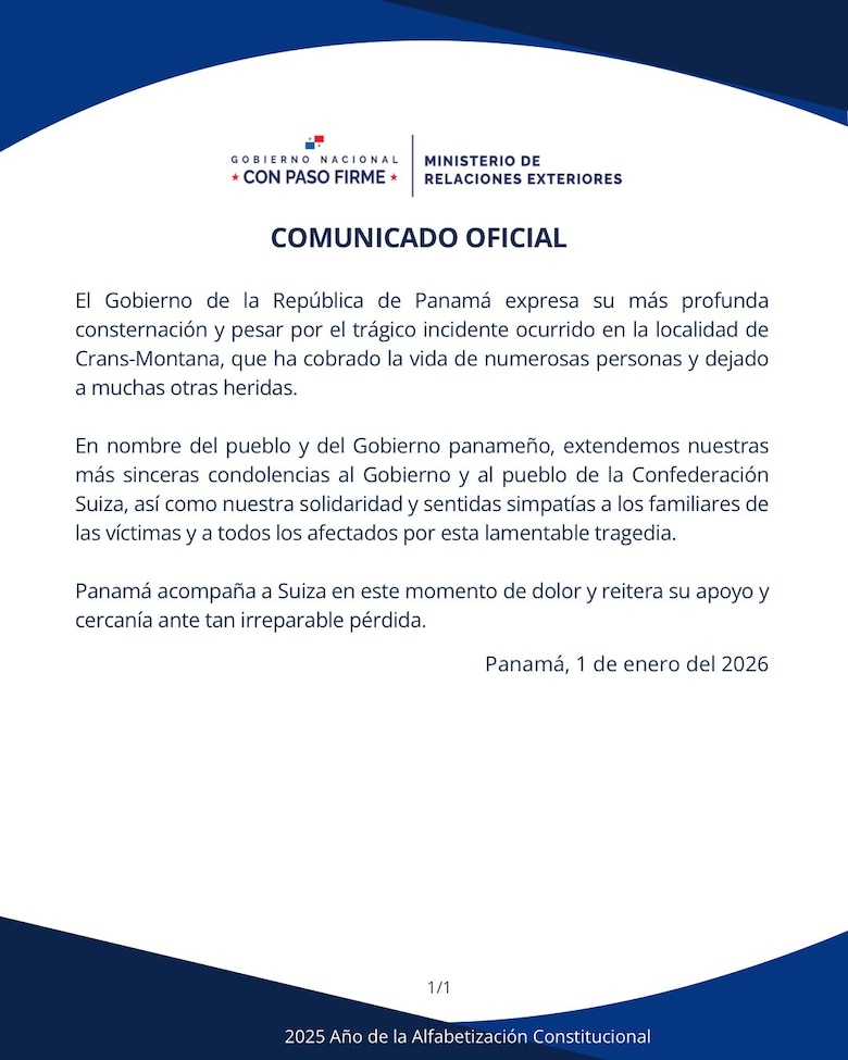 Gobierno panameño se solidariza con Suiza tras incendio mortal en un bar en los Alpes