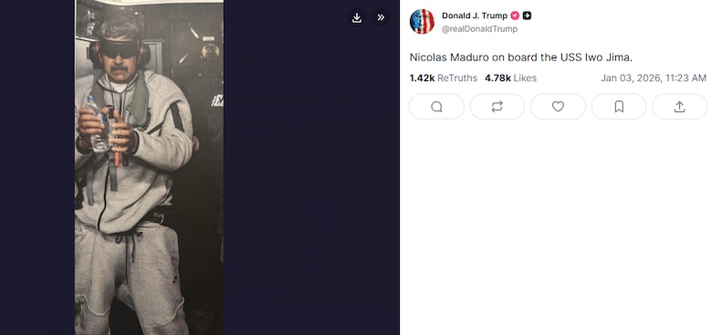 Trump publica una foto de Maduro esposado y con los ojos tapados