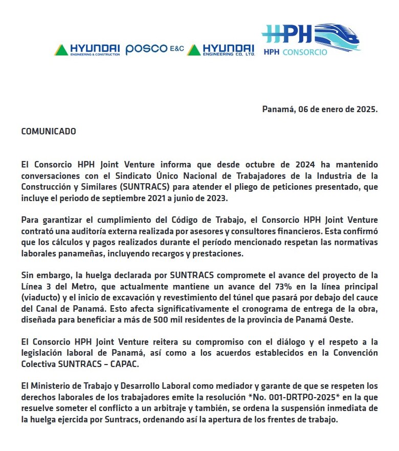 Suntracs mantiene huelga indefinida en Línea 3 del Metro de Panamá