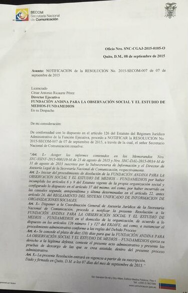 Gobierno de Ecuador intenta disolver a Fundamedios por publicar artículos de opinión