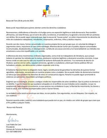 Cámara de Turismo de Bocas del Toro sobre bloqueos y vandalismo: ‘barbarie disfrazada de activismo’