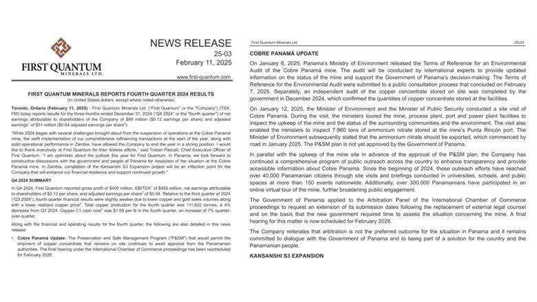 First Quantum: arbitraje por mina de Donoso se aplaza hasta 2026, tras una petición del Gobierno panameño