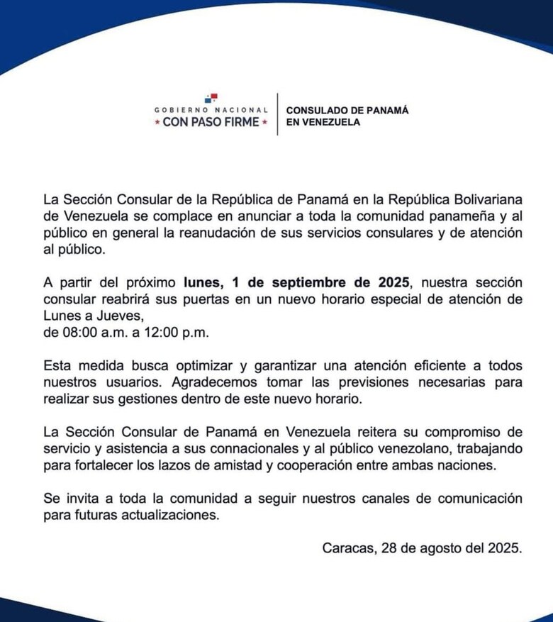 A partir del 1 de septiembre reabrirá el consulado de Panamá en Venezuela