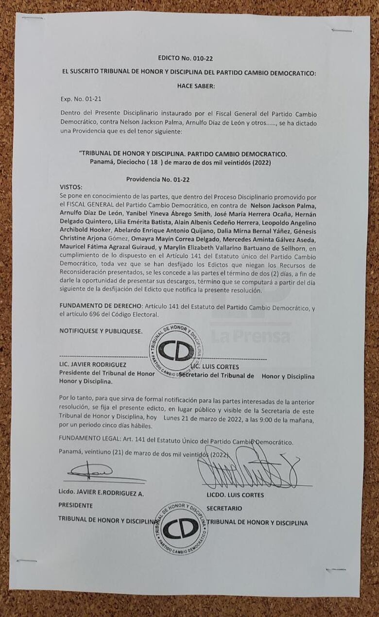 Tribunal de Honor de Cambio Democrático ‘concede’ dos días al grupo opositor a Roux para presentar descargos
