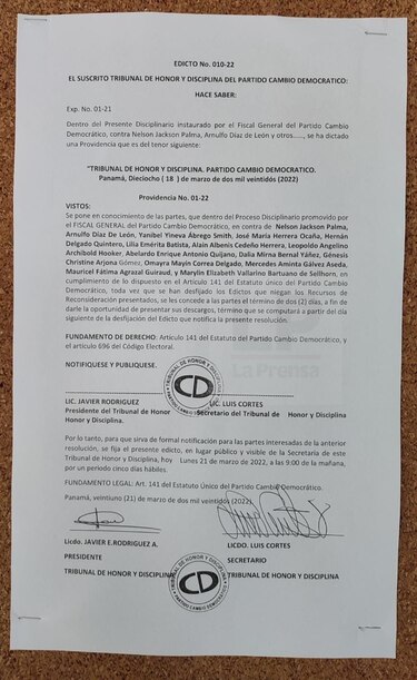 Tribunal de Honor de Cambio Democrático ‘concede’ dos días al grupo opositor a Roux para presentar descargos