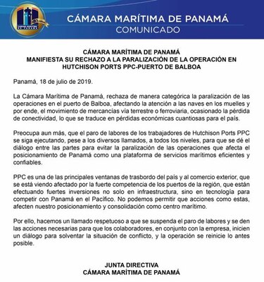Trabajadores mantienen paralización en el puerto de Balboa