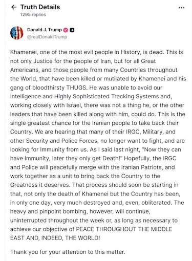 Trump anuncia la muerte del ayatolá Jameneí y llama al pueblo iraní a ‘recuperar’ su país