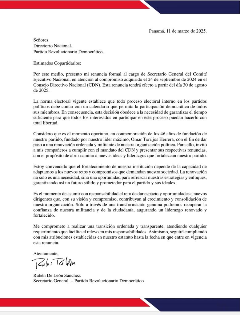 Rubén De León renuncia a la secretaría general del PRD