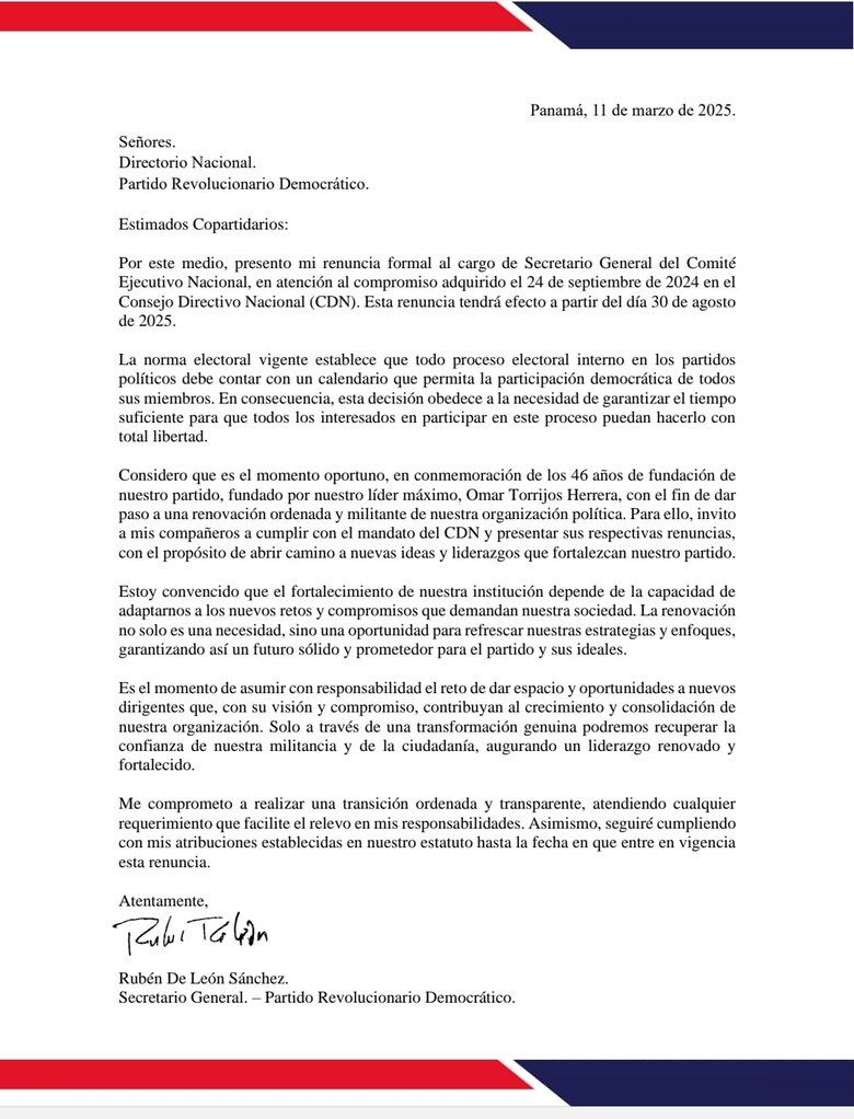 Rubén De León renuncia a la secretaría general del PRD