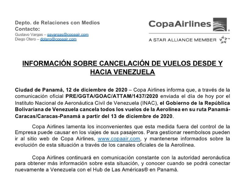 Gobierno venezolano suspende los vuelos de Copa Airlines hacia este país sudamericano