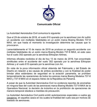 Aeronáutica prohíbe operación de los Boeing MAX en el espacio aéreo panameño