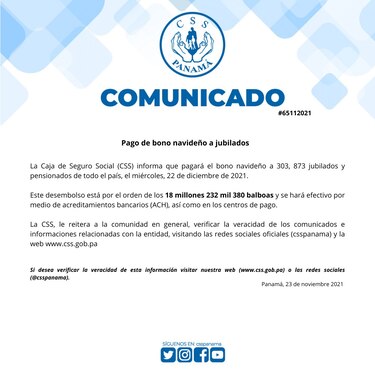 CSS desembolsará $18 millones 232 mil en bono navideño para jubilados y pensionados