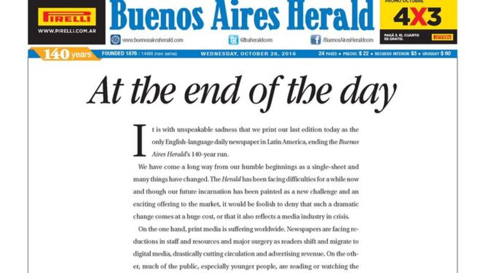 El Buenos Aires Herald cierra tras 140 años de existencia