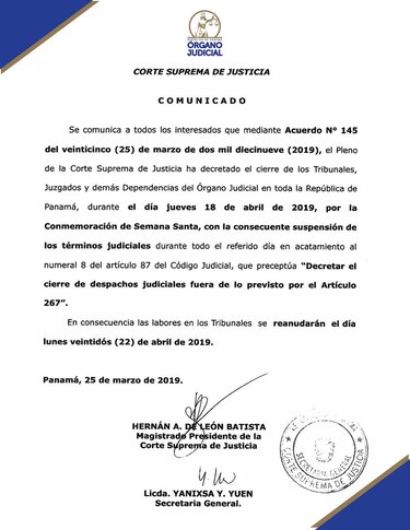 Despachos judiciales cerrarán el Jueves Santo