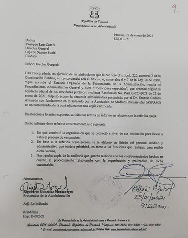 Procurador de la Administración pide informes al Minsa y la CSS sobre el proceso de vacunación