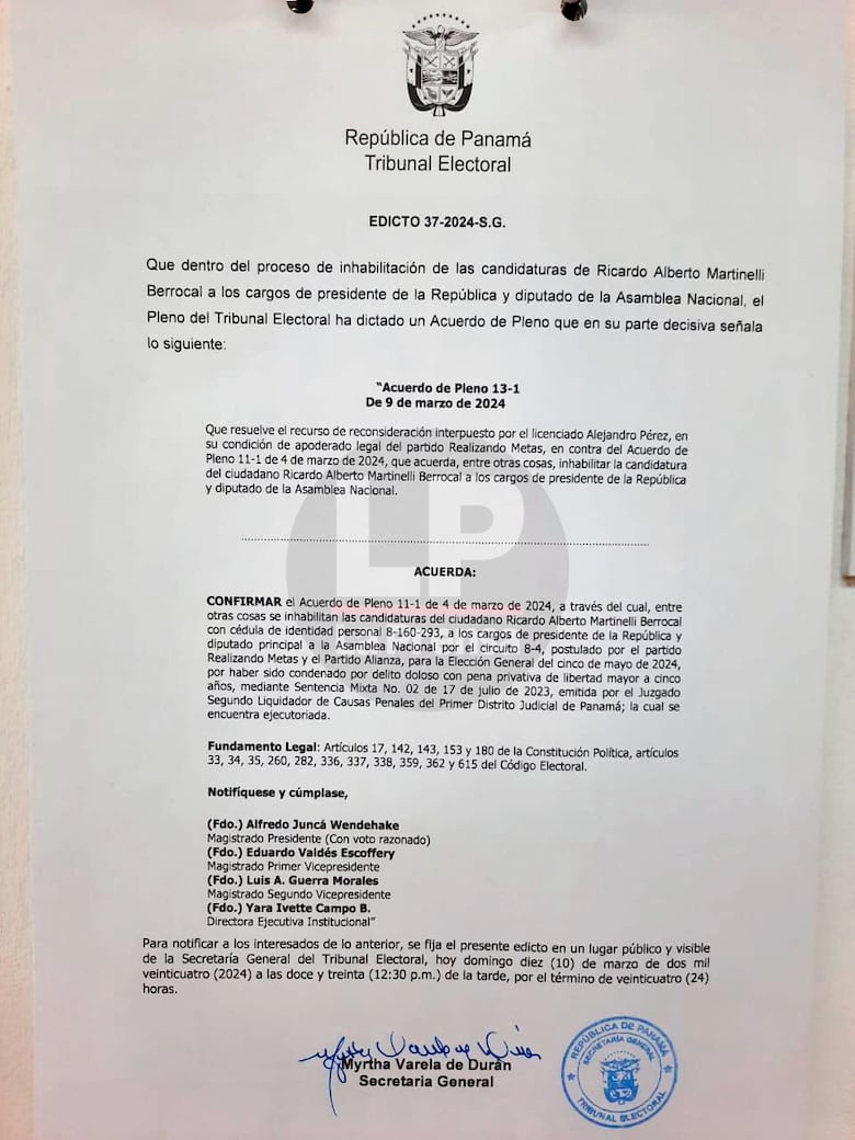 Tribunal Electoral lo confirma: quedan inhabilitadas las candidaturas al cargo de presidente y diputado de Ricardo Martinelli