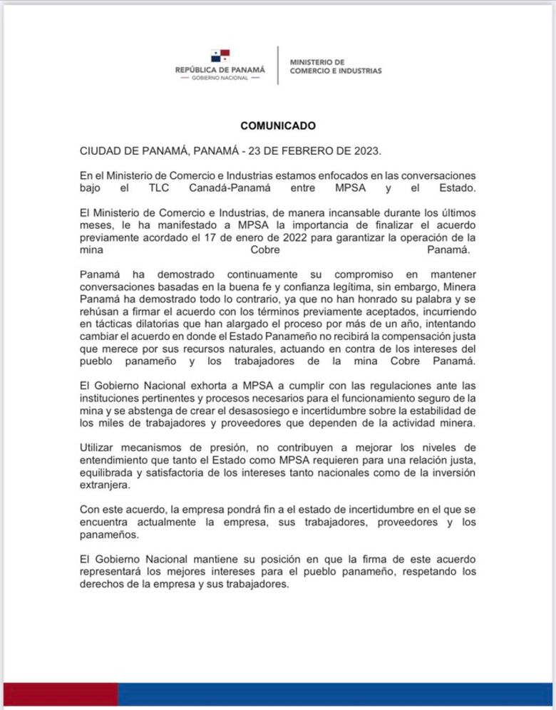 El Mici pide a First Quantum abstenerse de crear ‘desasosiego e incertidumbre’; la mina sigue cerrada y sin contrato