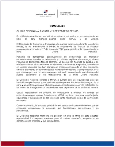 El Mici pide a First Quantum abstenerse de crear ‘desasosiego e incertidumbre’; la mina sigue cerrada y sin contrato