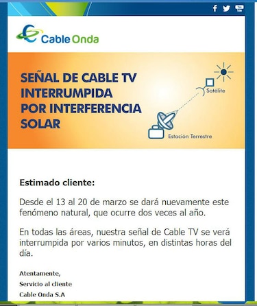 Cable Onda anuncia interrupción de señal por interferencias solares