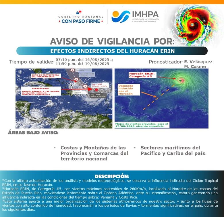 IMHPA emite aviso de vigilancia por efectos indirectos del huracán Erin en Panamá