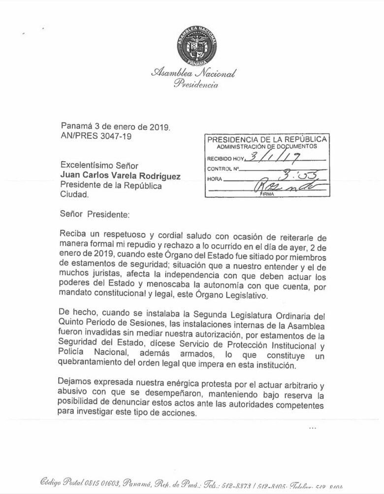Presidenta de la Asamblea envía carta de protesta a Varela por ingreso de SPI al Palacio Legislativo