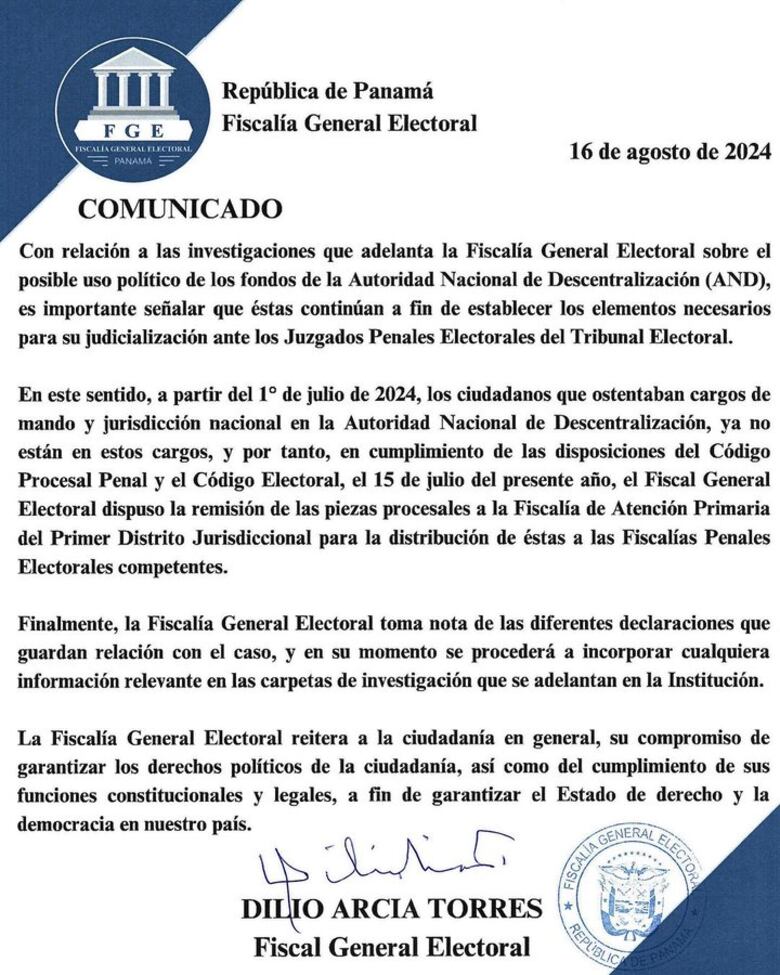 Fiscalía Primaria recibe caso de uso de fondos de descentralización