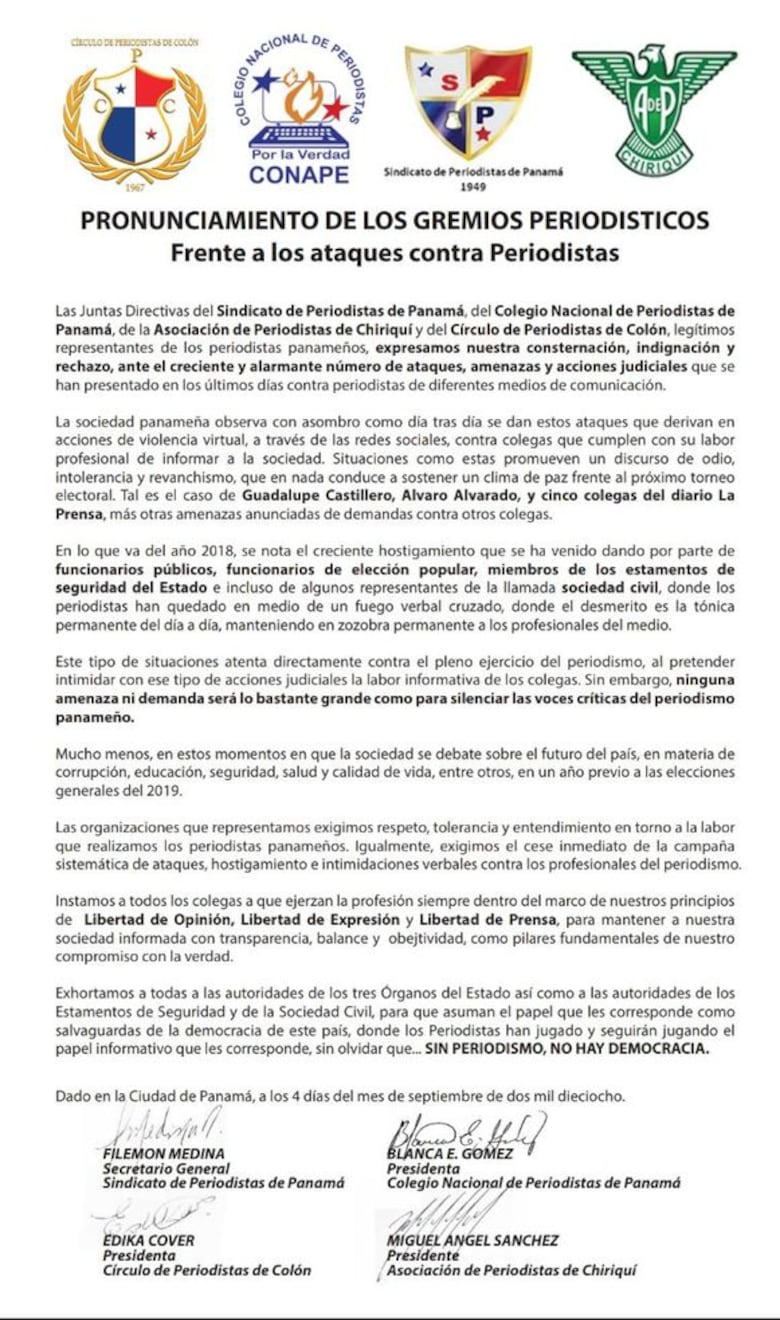 Gremios rechazan ataques contra los periodistas panameños