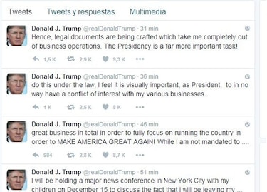Donald Trump anuncia que se apartará de todos sus negocios: 'La presidencia es más importante'