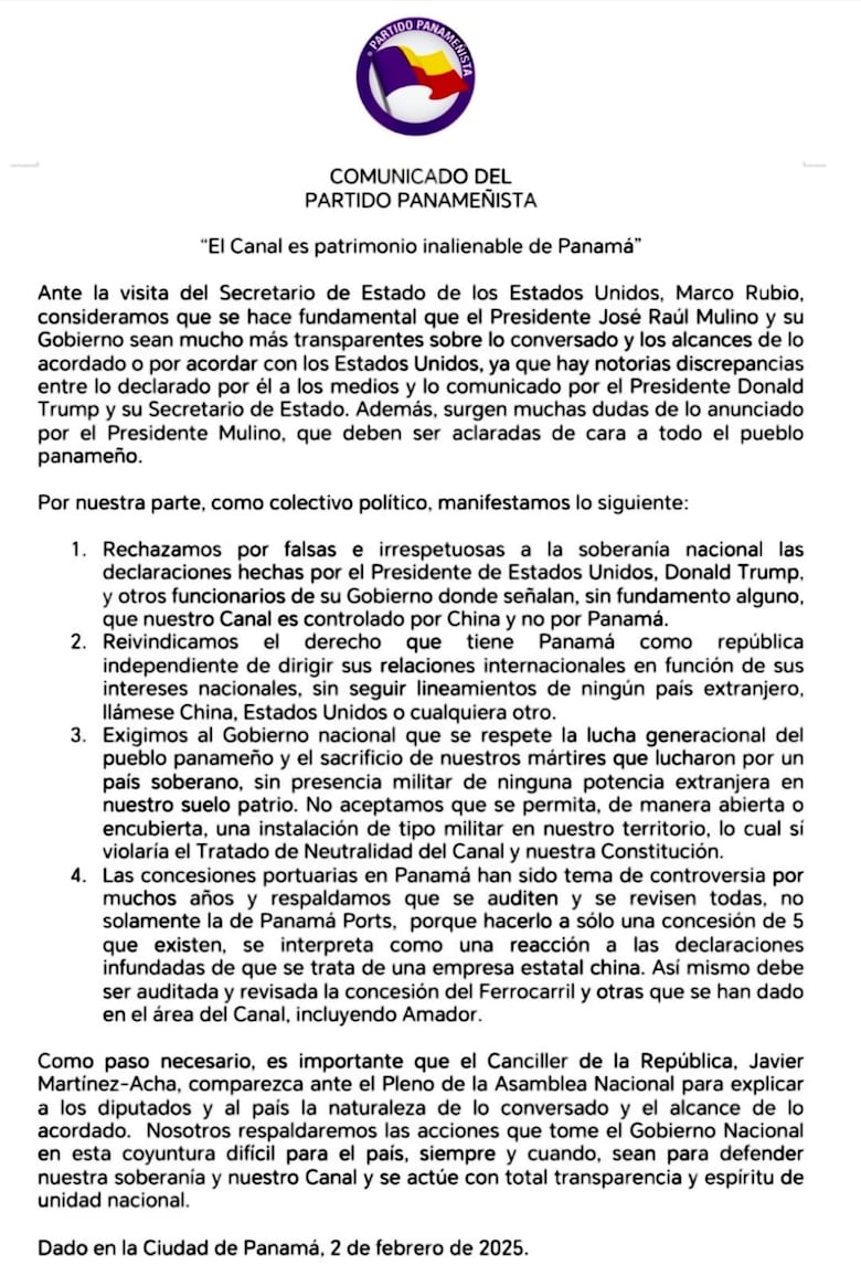 Partidos Moca y Panameñista piden más claridad sobre conversaciones con Estados Unidos sobre el Canal de Panamá
