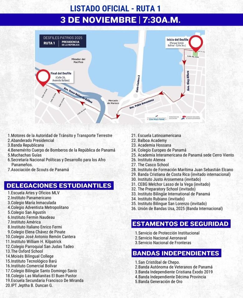 Estas son las delegaciones y bandas independientes que desfilarán este 3 de noviembre en la ruta 1 y 2