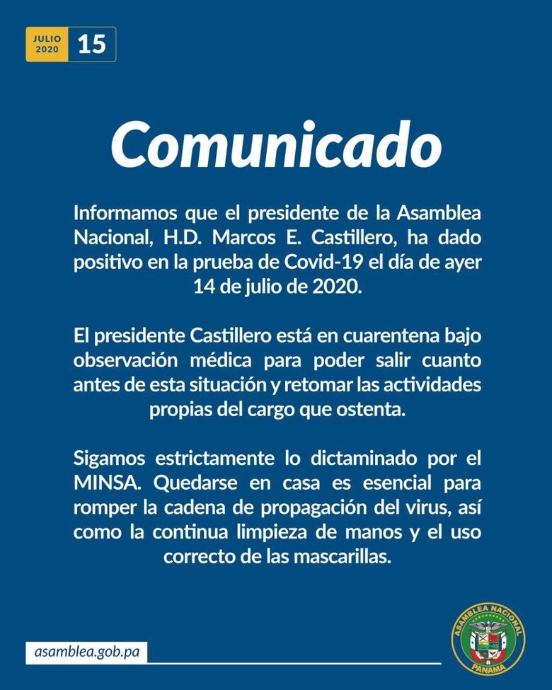 El presidente de la Asamblea Nacional, Marcos Castillero, da positivo con Covid-19