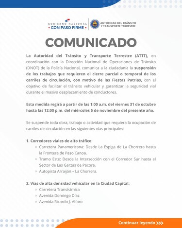 ATTT suspende trabajos viales que impliquen cierre de carriles durante las fiestas patrias