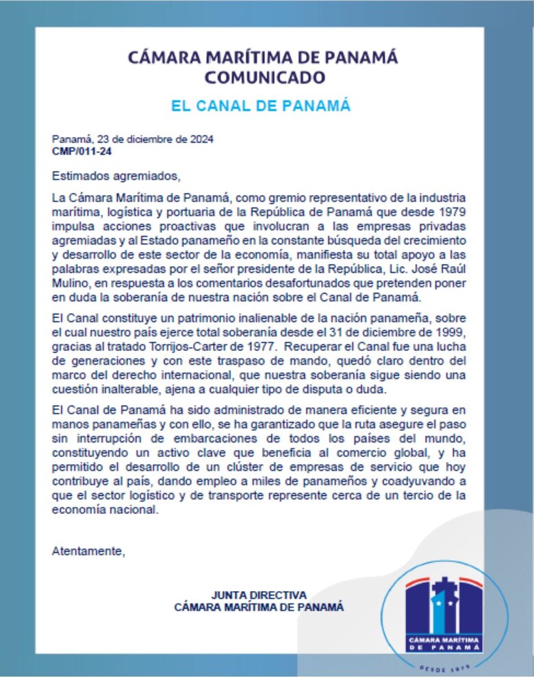 Cámara Marítima respalda a Mulino en defensa del Canal de Panamá