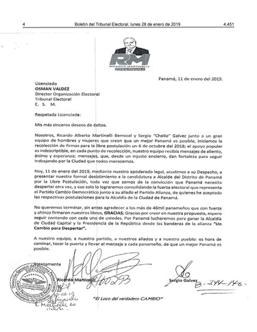 Ricardo Martinelli desiste de candidatura a la Alcaldía de Panamá por libre postulación