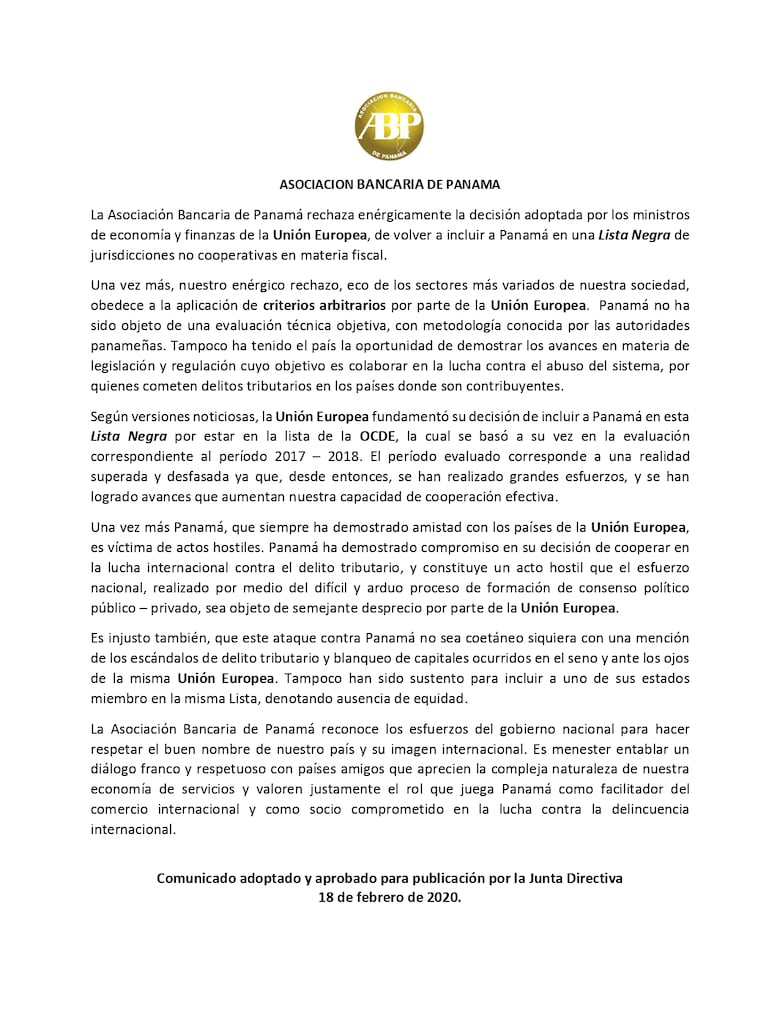 Asociación Bancaria rechaza inclusión de Panamá en lista ‘negra'