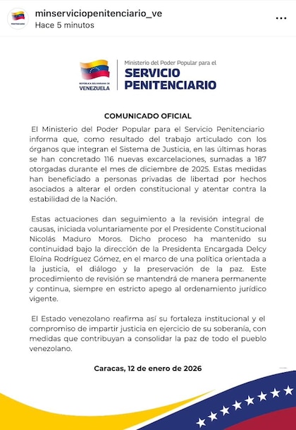 El Gobierno de Venezuela informa sobre 116 ‘nuevas excarcelaciones’