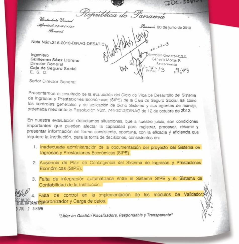 Contraloría advirtió de anomalías con el SIPE en 2013