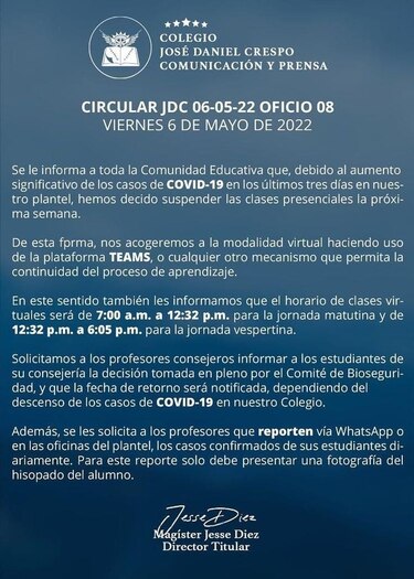 Tras aumento de casos de Covid-19, colegio José Daniel Crespo retorna a la virtualidad