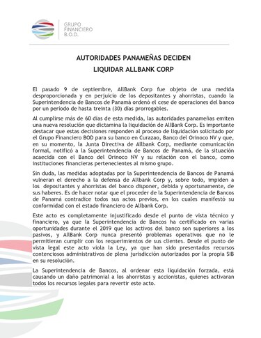 Superintendencia de Bancos ordena liquidación forzosa de AllBank