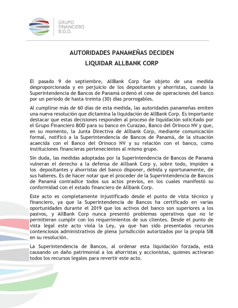 Superintendencia de Bancos ordena liquidación forzosa de AllBank