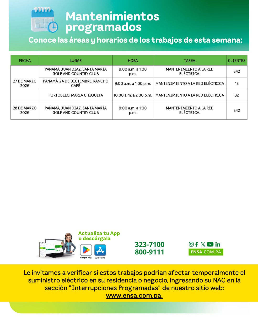 ENSA informa los mantenimientos programados del 23 al 28 de marzo de 2026