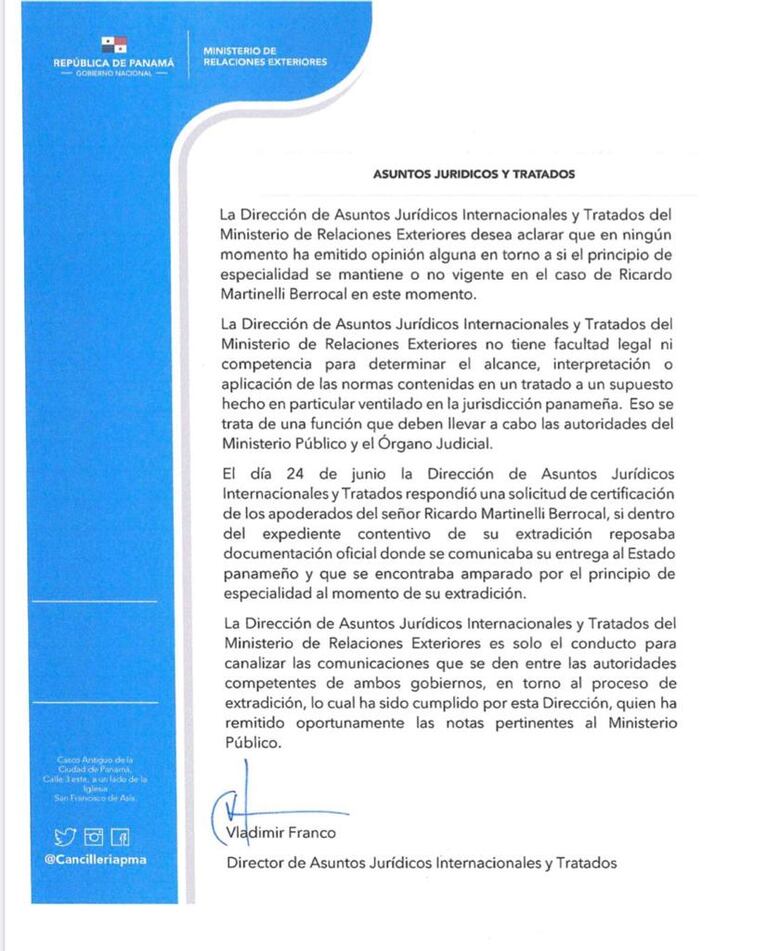 Cancillería aclara que no ha emitido opinión sobre el principio de especialidad de Martinelli 