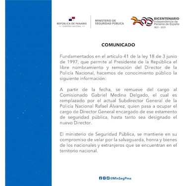 Destituyen del cargo al director de la Policía Nacional, Gabriel Medina