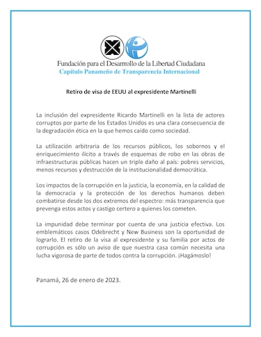 Libertad Ciudadana sobre decisión de Estados Unidos contra Martinelli: ‘se necesita una lucha vigorosa contra la corrupción’